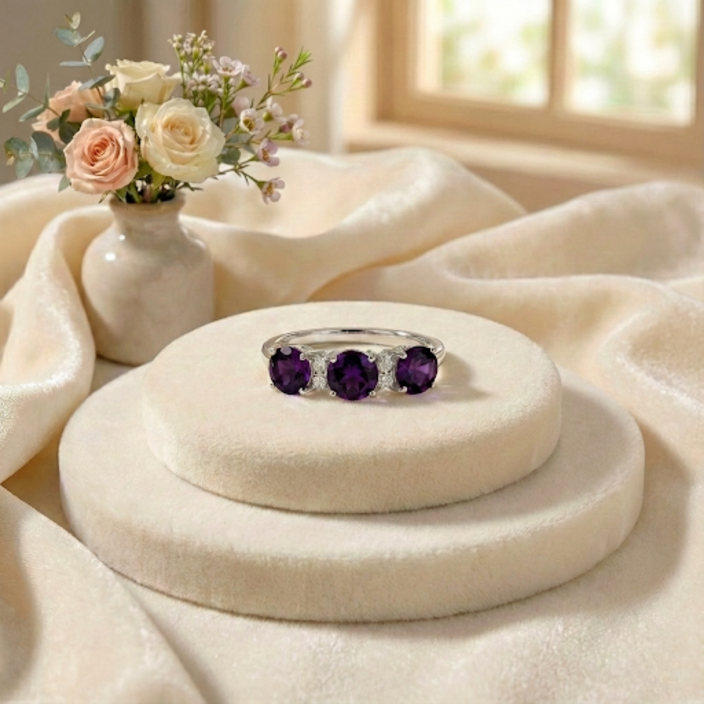 1.7 Ct Round Purple Amethyst Prong Silver Three Stone Ring