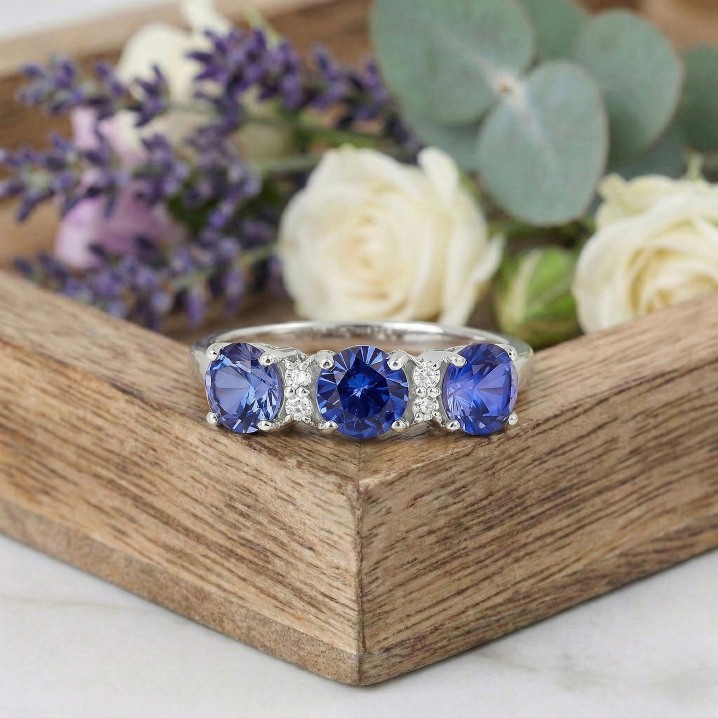 1.65 Ct Round Created Ceylon Blue Sapphire Prong Silver Three Stone Ring