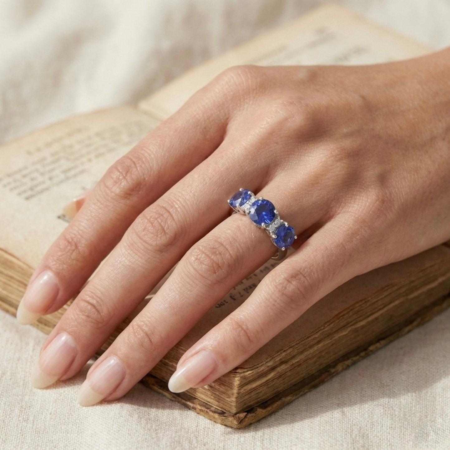 1.65 Ct Round Created Ceylon Blue Sapphire Prong Silver Three Stone Ring