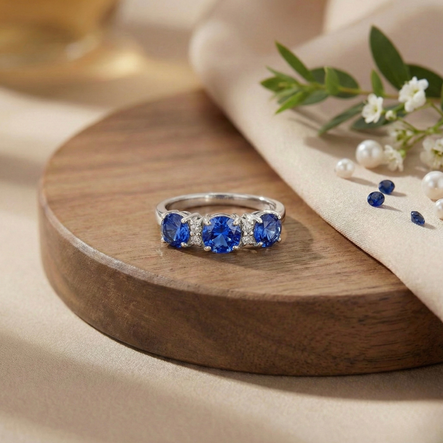 1.65 Ct Round Created Ceylon Blue Sapphire Prong Silver Three Stone Ring
