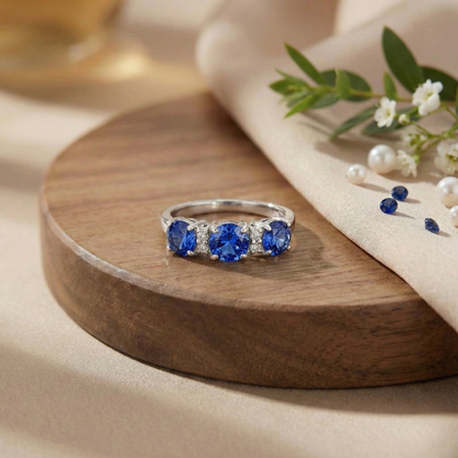 1.65 Ct Round Created Ceylon Blue Sapphire Prong Silver Three Stone Ring
