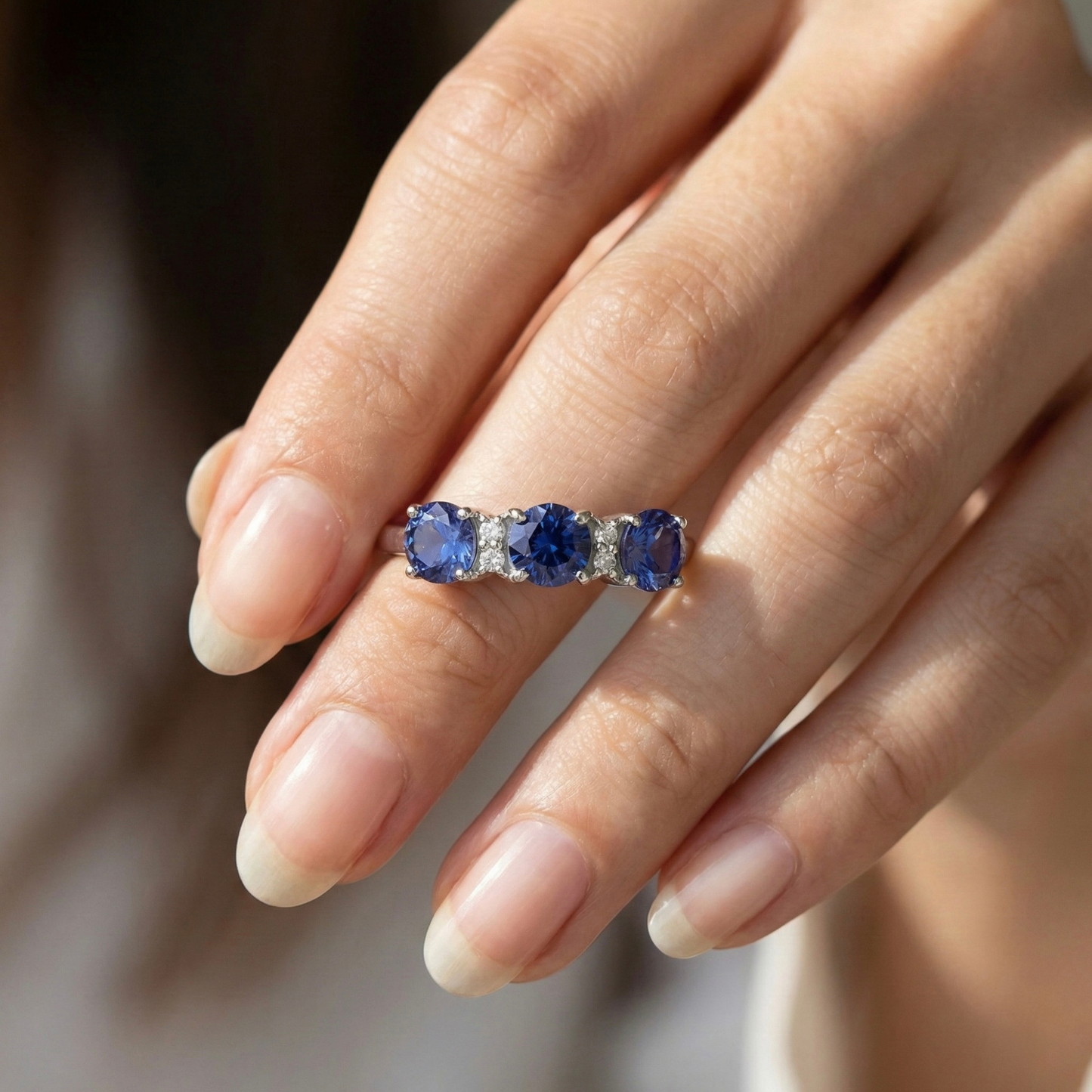 1.65 Ct Round Created Ceylon Blue Sapphire Prong Silver Three Stone Ring