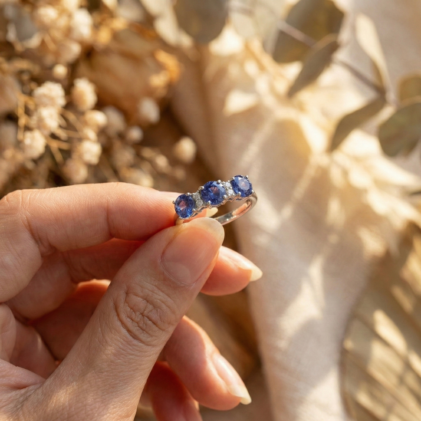 1.65 Ct Round Created Ceylon Blue Sapphire Prong Silver Three Stone Ring