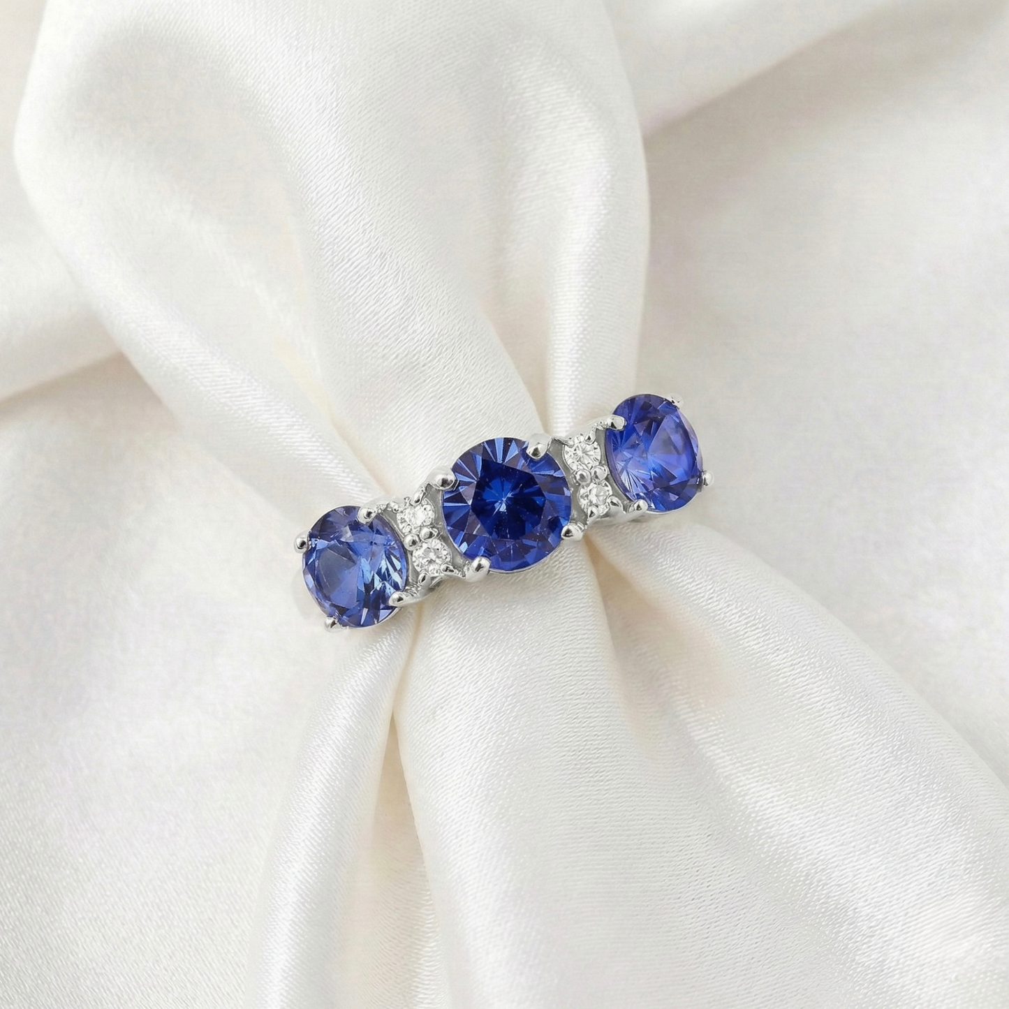 1.65 Ct Round Created Ceylon Blue Sapphire Prong Silver Three Stone Ring