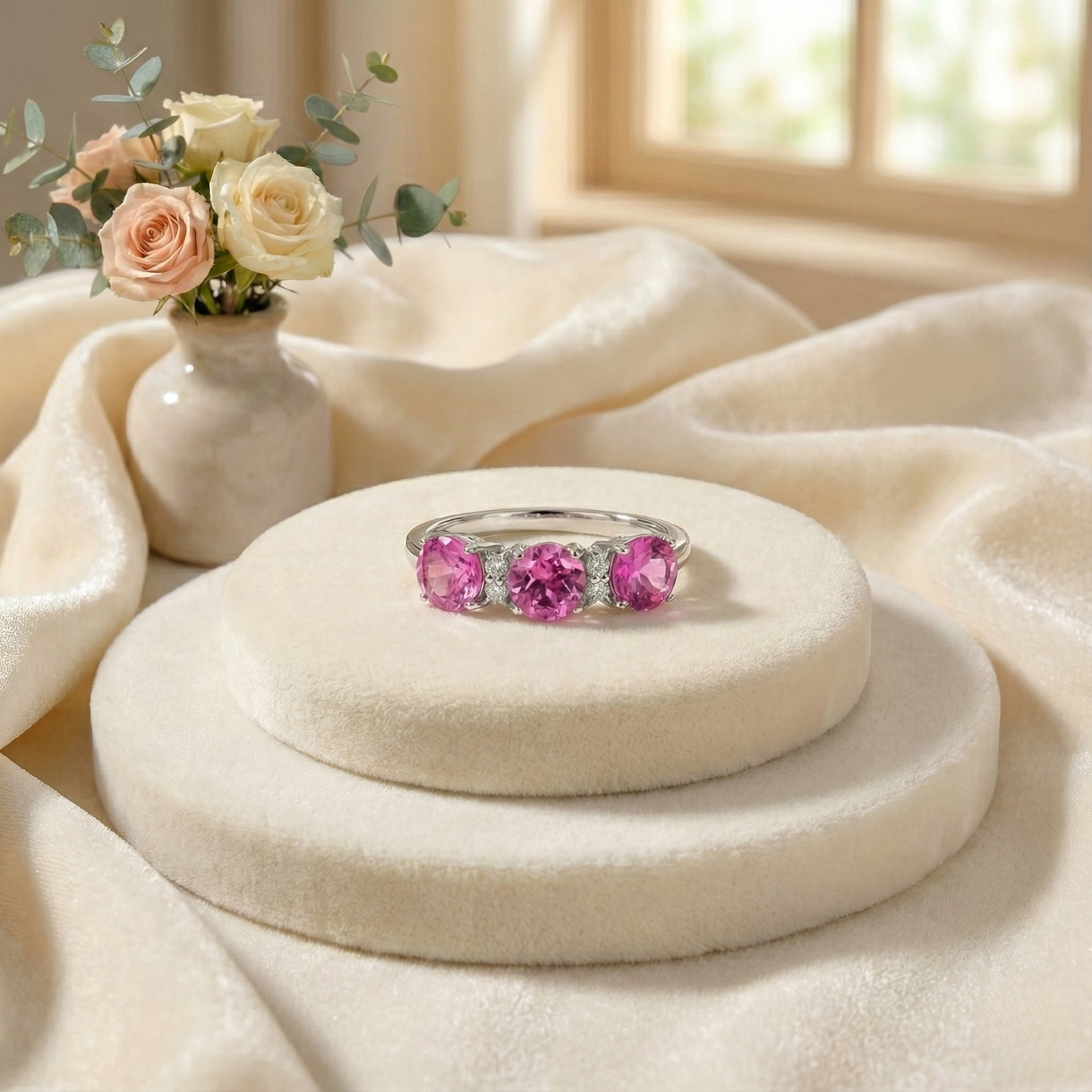 1.65 Ct Round Pink Sapphire Prong Silver Three Stone Ring
