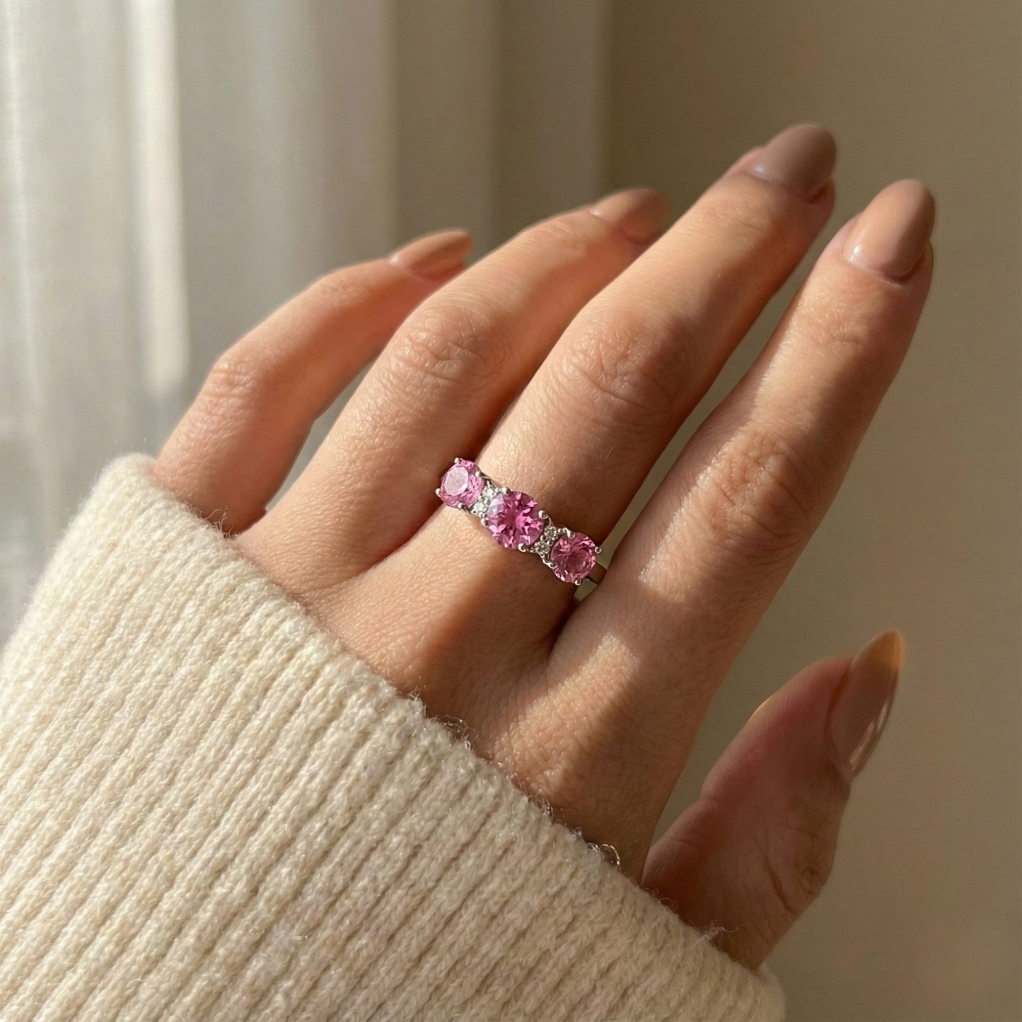1.65 Ct Round Pink Sapphire Prong Silver Three Stone Ring