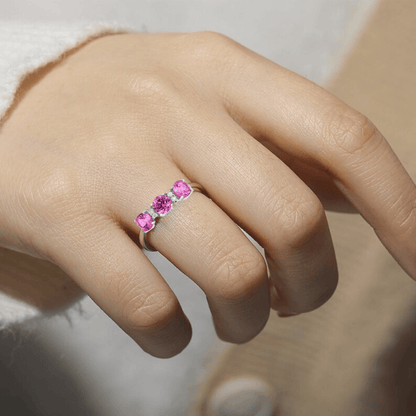 1.65 Ct Round Pink Sapphire Prong Silver Three Stone Ring