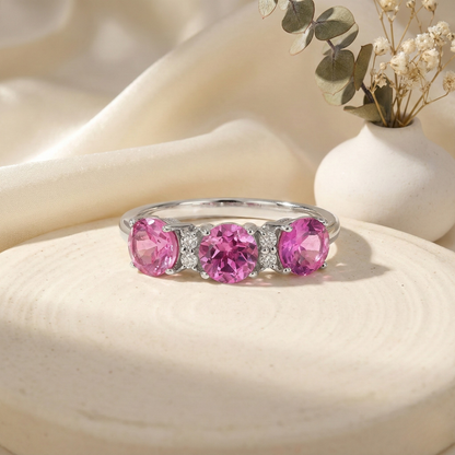 1.65 Ct Round Pink Sapphire Prong Silver Three Stone Ring