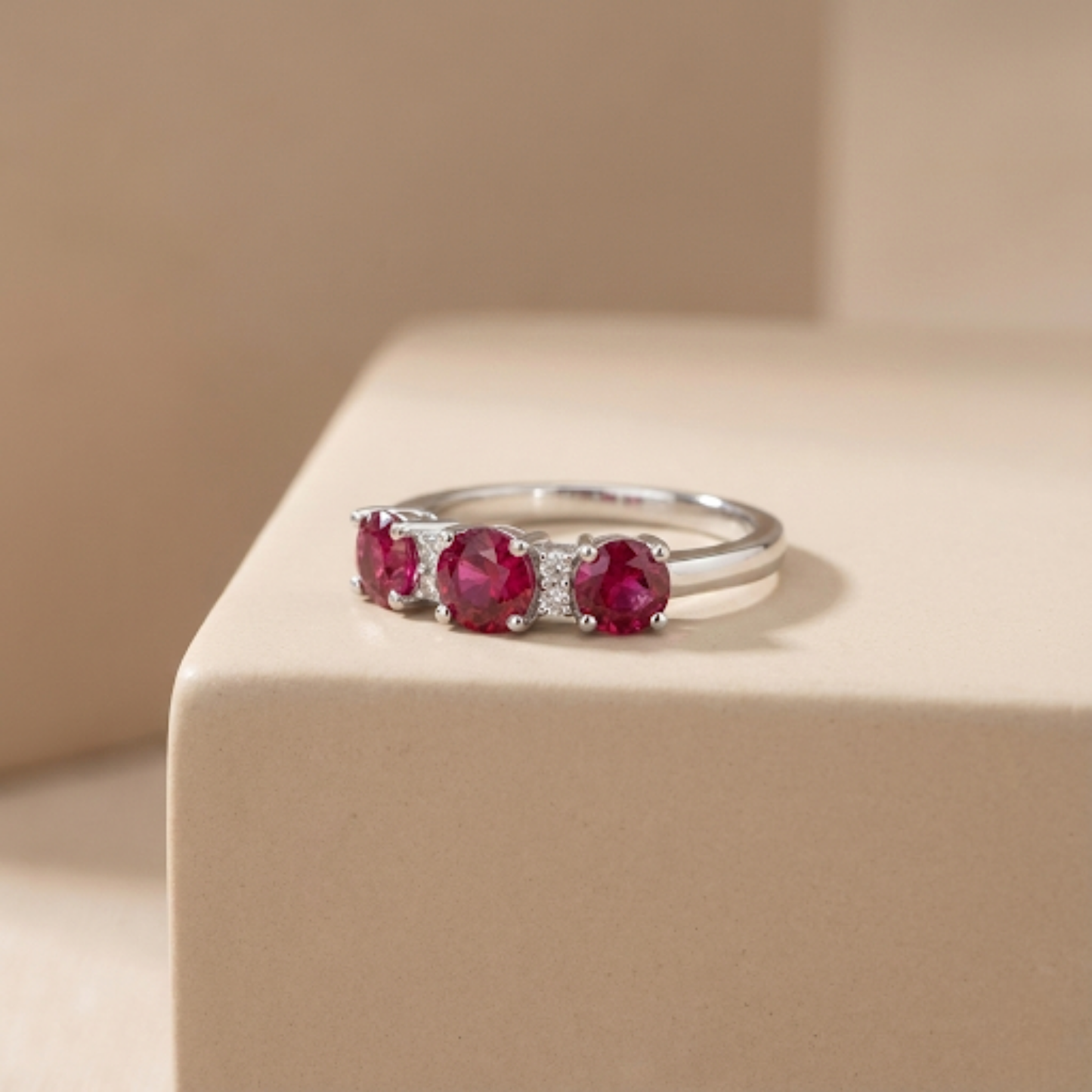 1.7 Ct Round Red Lab Created Ruby Prong Silver Three Stone Ring