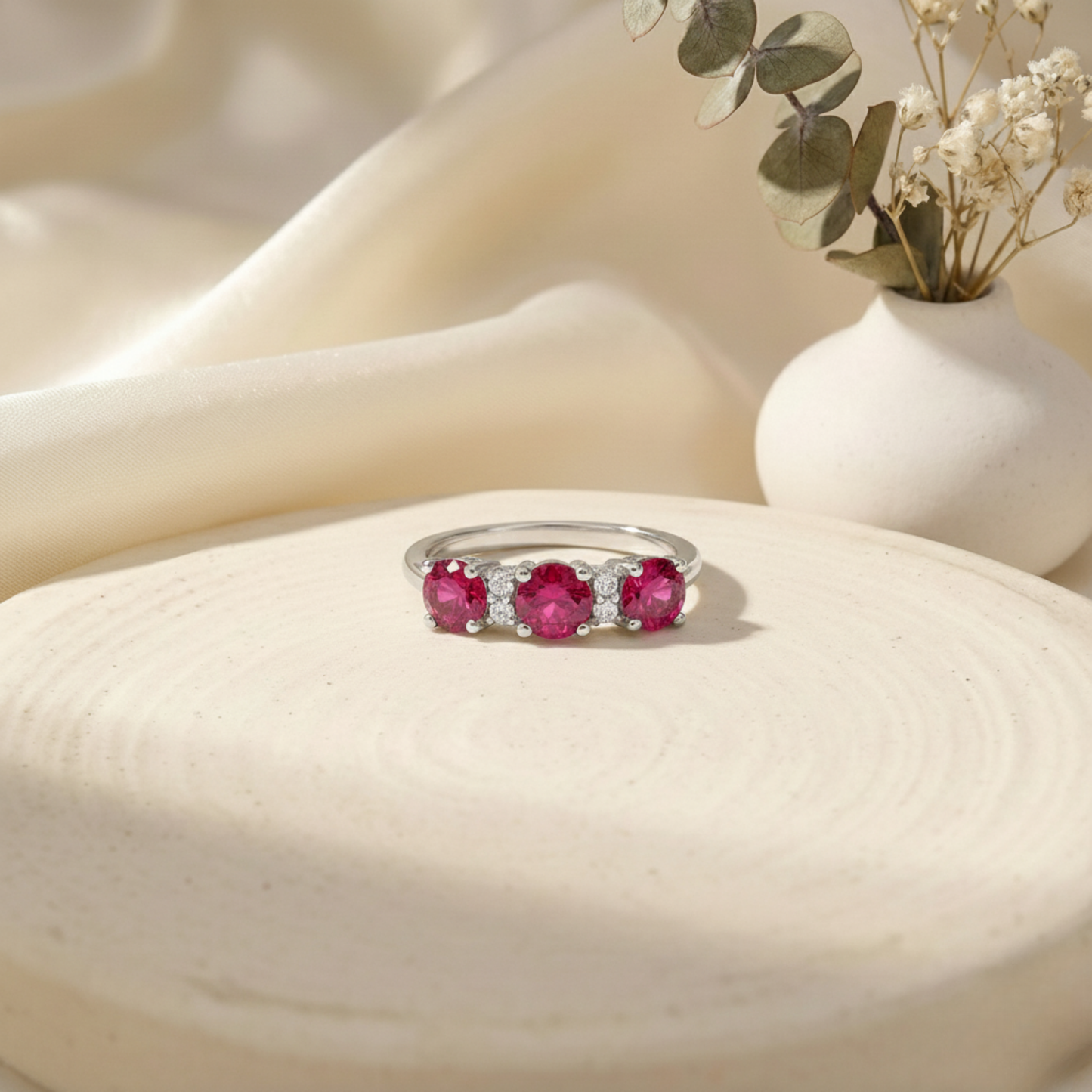 1.7 Ct Round Red Lab Created Ruby Prong Silver Three Stone Ring