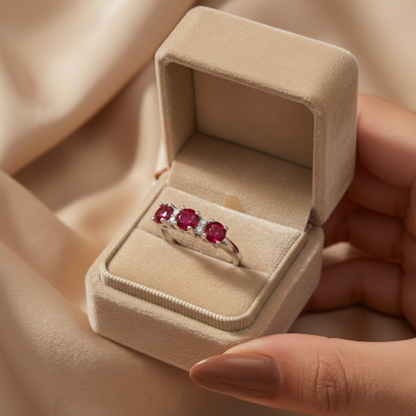 1.7 Ct Round Red Lab Created Ruby Prong Silver Three Stone Ring