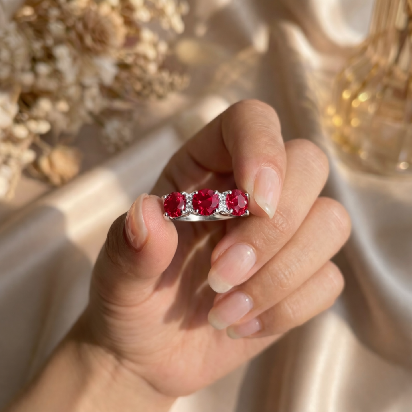 1.7 Ct Round Red Lab Created Ruby Prong Silver Three Stone Ring