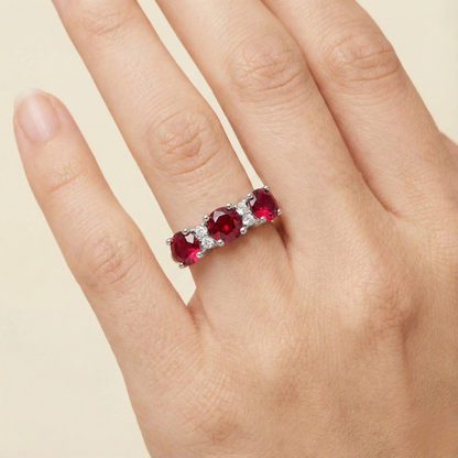 1.7 Ct Round Red Lab Created Ruby Prong Silver Three Stone Ring