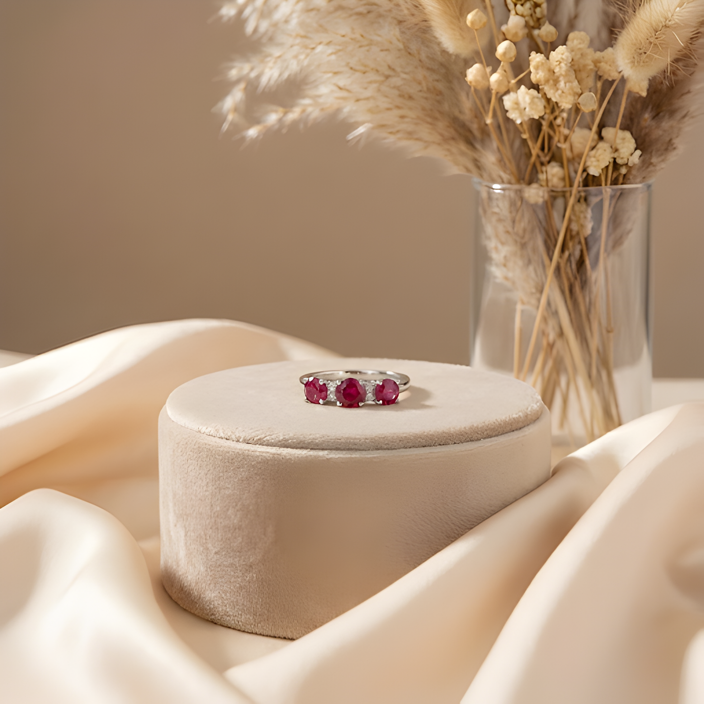 1.7 Ct Round Red Lab Created Ruby Prong Silver Three Stone Ring