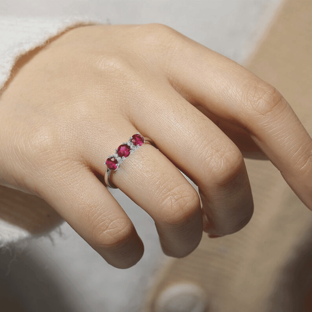 1.7 Ct Round Red Lab Created Ruby Prong Silver Three Stone Ring
