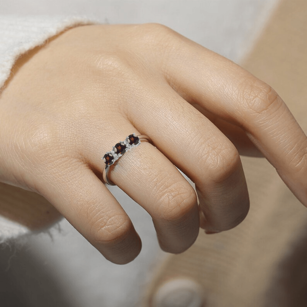 1.7 Ct Round Red Garnet Prong Silver Three Stone Ring