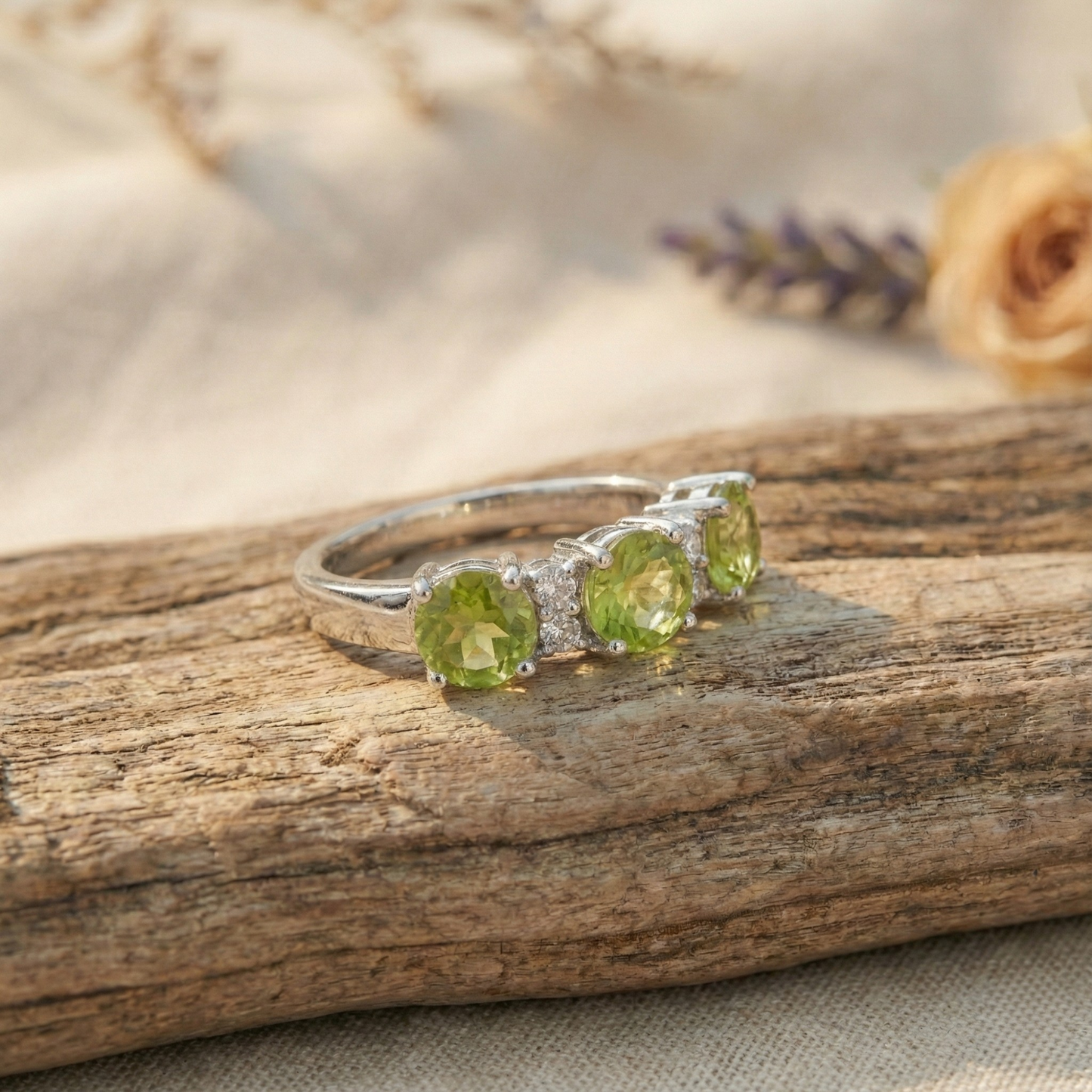1.8 Ct Round Olive Green Peridot Prong Silver Three Stone Ring