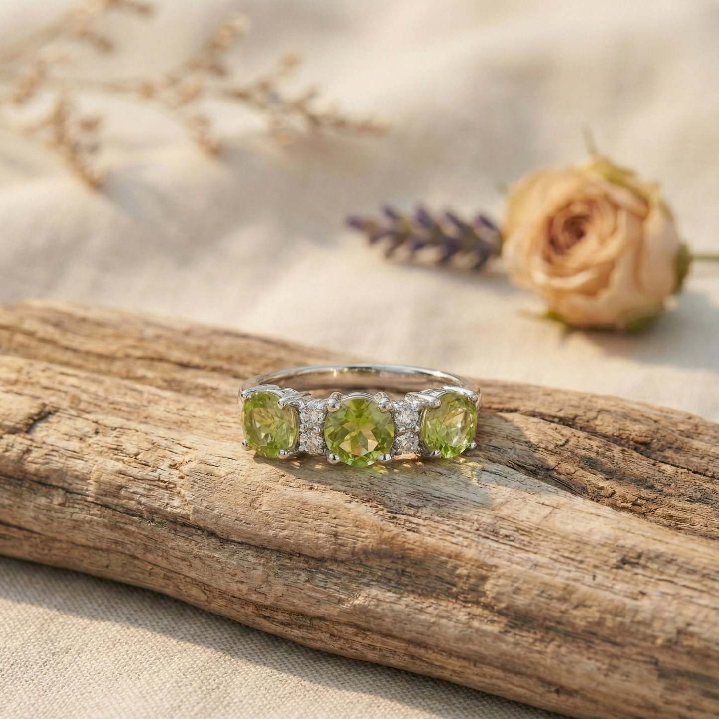 1.8 Ct Round Olive Green Peridot Prong Silver Three Stone Ring