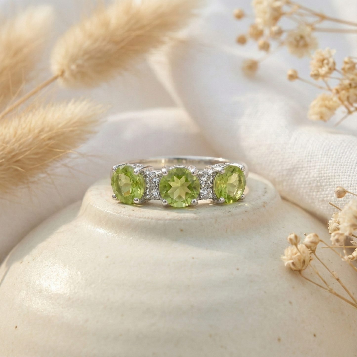 1.8 Ct Round Olive Green Peridot Prong Silver Three Stone Ring