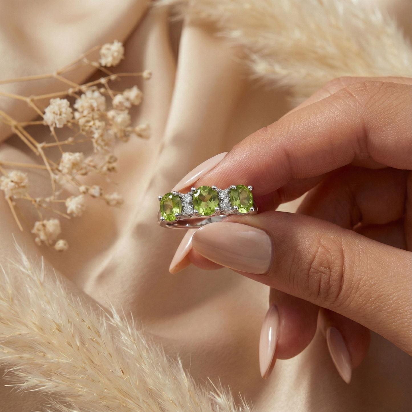 1.8 Ct Round Olive Green Peridot Prong Silver Three Stone Ring