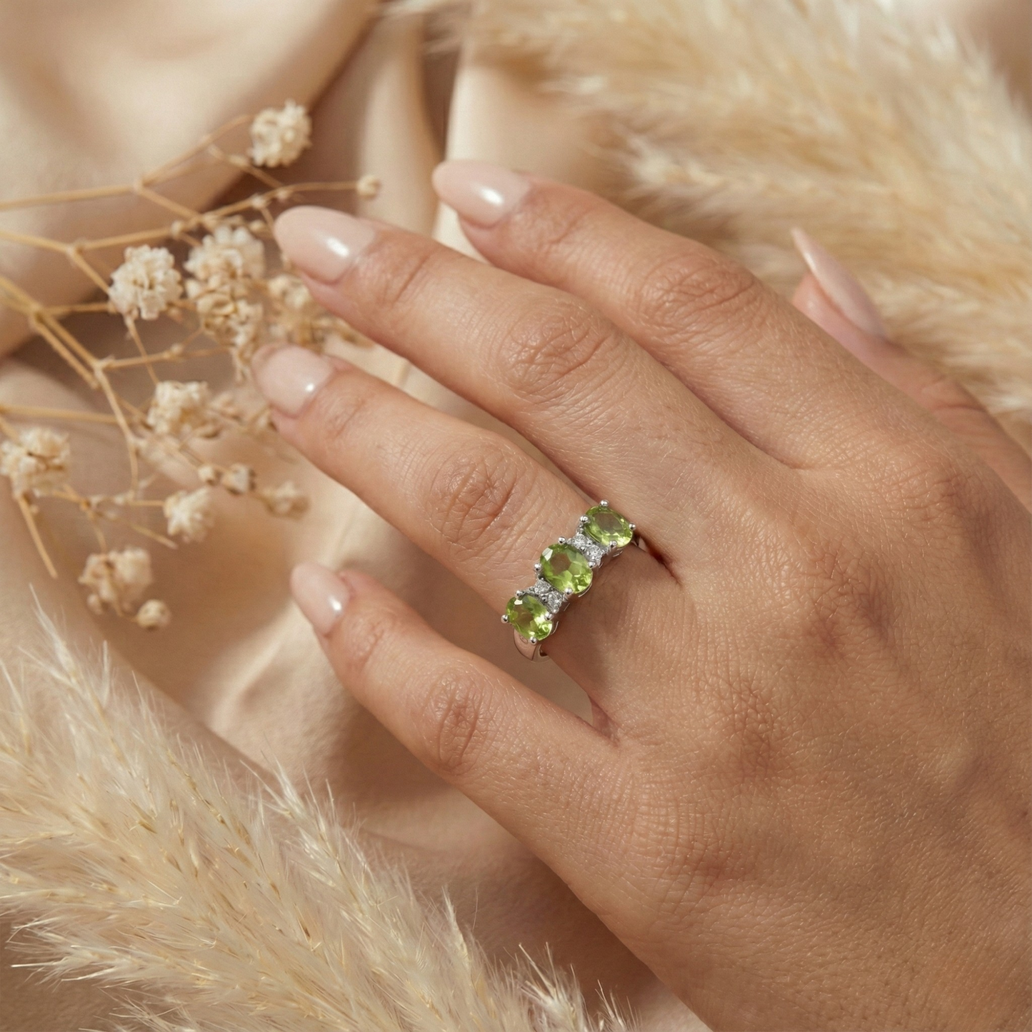 1.8 Ct Round Olive Green Peridot Prong Silver Three Stone Ring