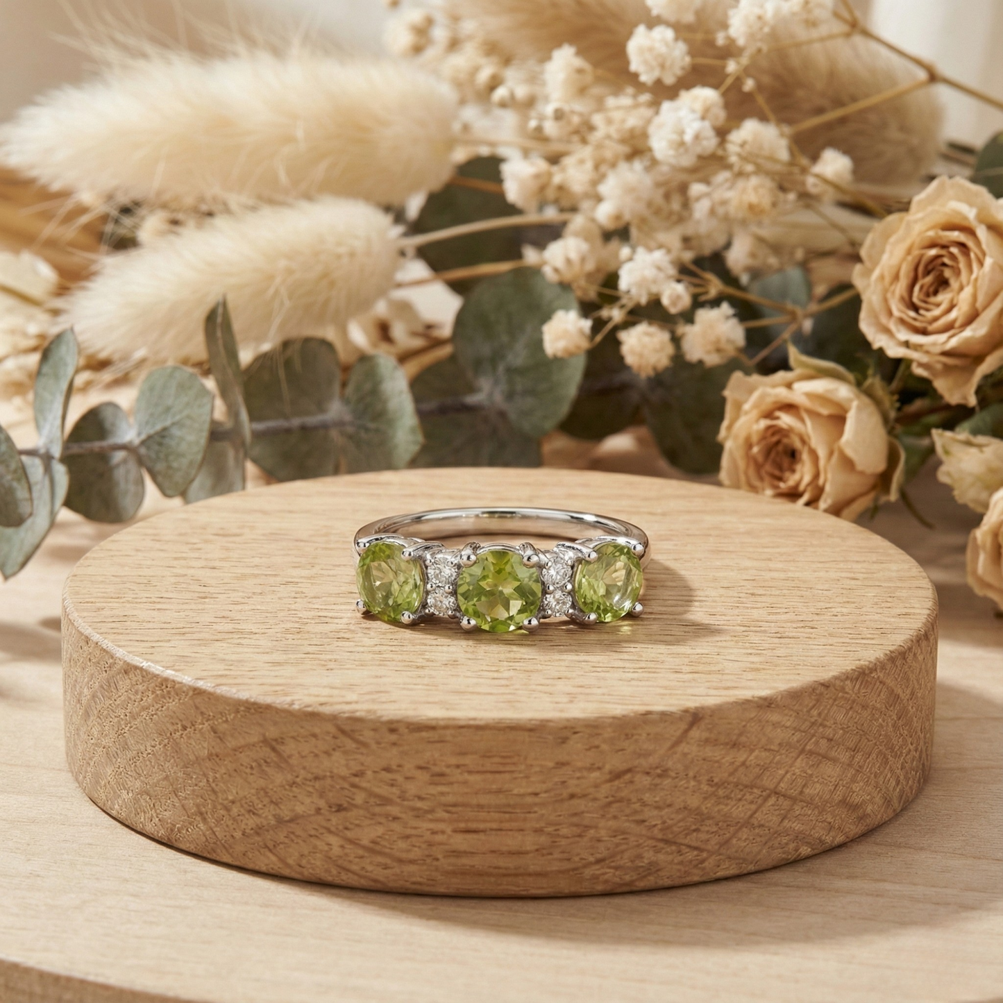 1.8 Ct Round Olive Green Peridot Prong Silver Three Stone Ring
