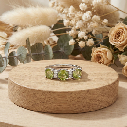 1.8 Ct Round Olive Green Peridot Prong Silver Three Stone Ring