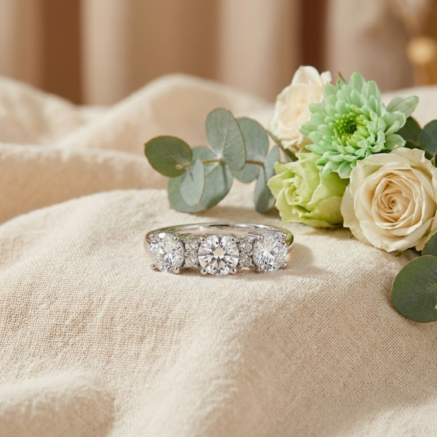 Round White Topaz Prong Sterling Silver Three Stone Ring