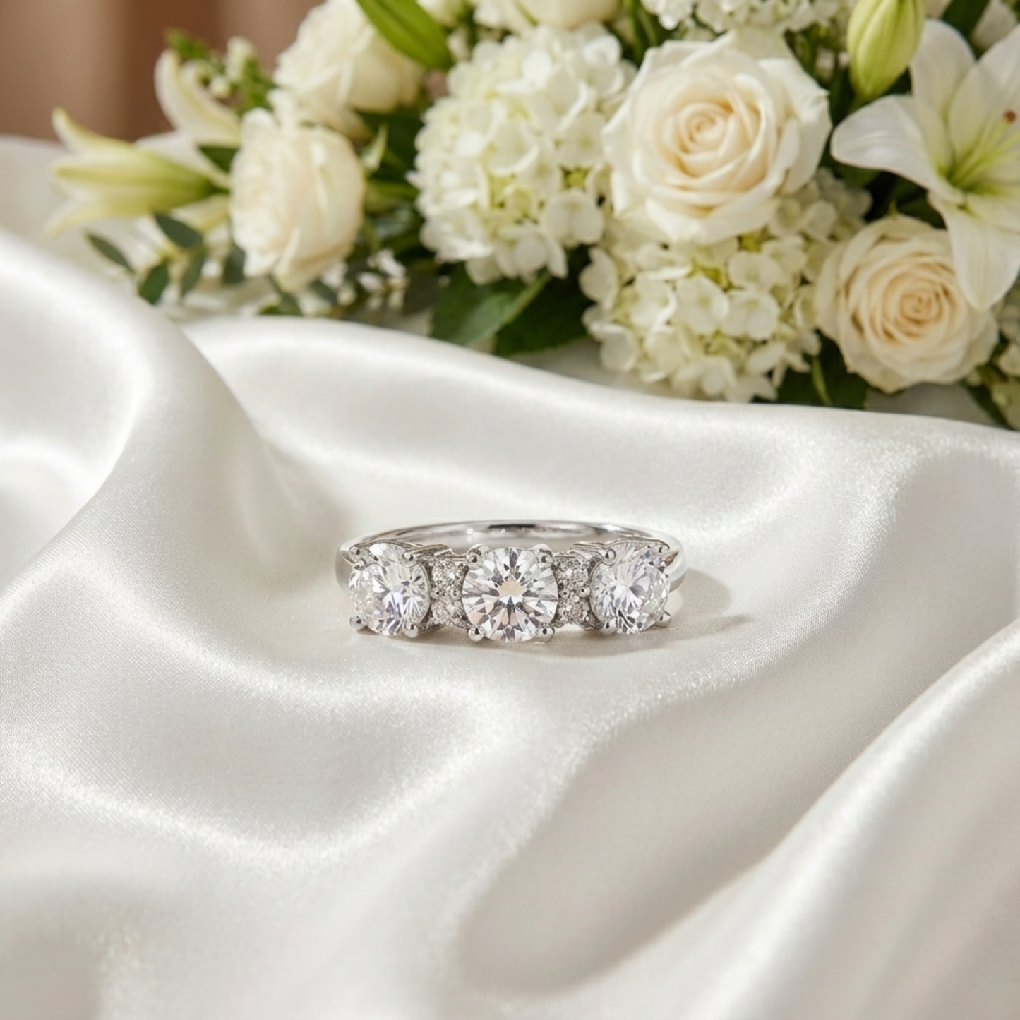 Round White Topaz Prong Sterling Silver Three Stone Ring