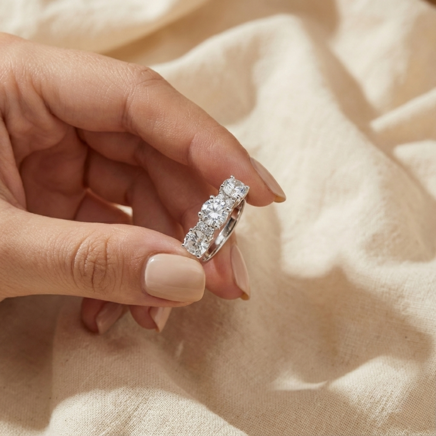 Round White Topaz Prong Sterling Silver Three Stone Ring