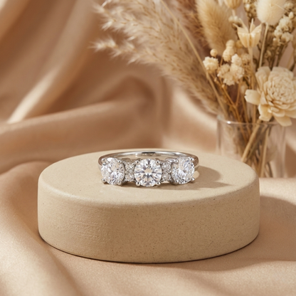 Round White Topaz Prong Sterling Silver Three Stone Ring
