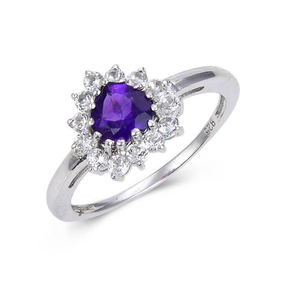 1.01 Ct Heart Purple Amethyst and White Topaz Prong Silver Halo Engagement Ring
