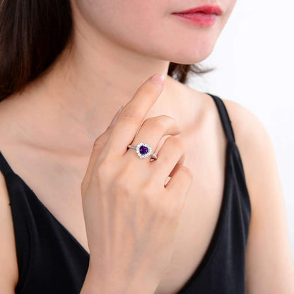 1.01 Ct Heart Purple Amethyst and White Topaz Prong Silver Halo Engagement Ring