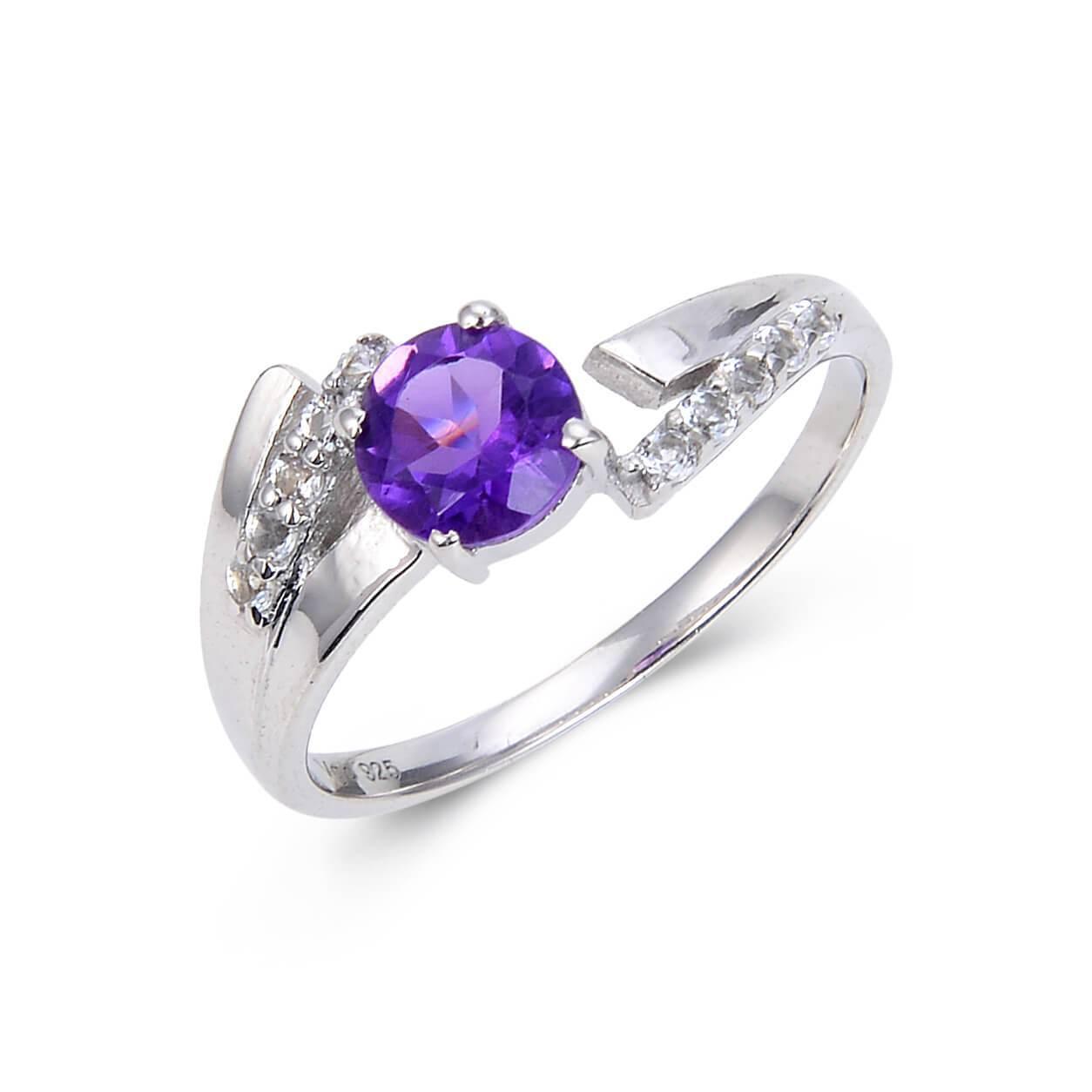 1.10 Ct Round Purple Amethyst and White Topaz Prong Silver Promise Ring