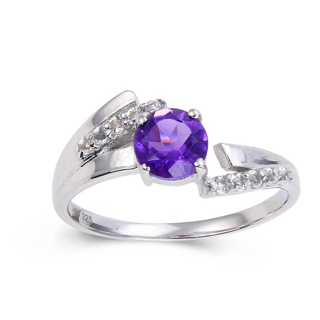 1.10 Ct Round Purple Amethyst and White Topaz Prong Silver Promise Ring