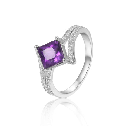 1.08 Ct Square Purple Amethyst and Mossanite Prong Silver Solitaire Princess cut Ring