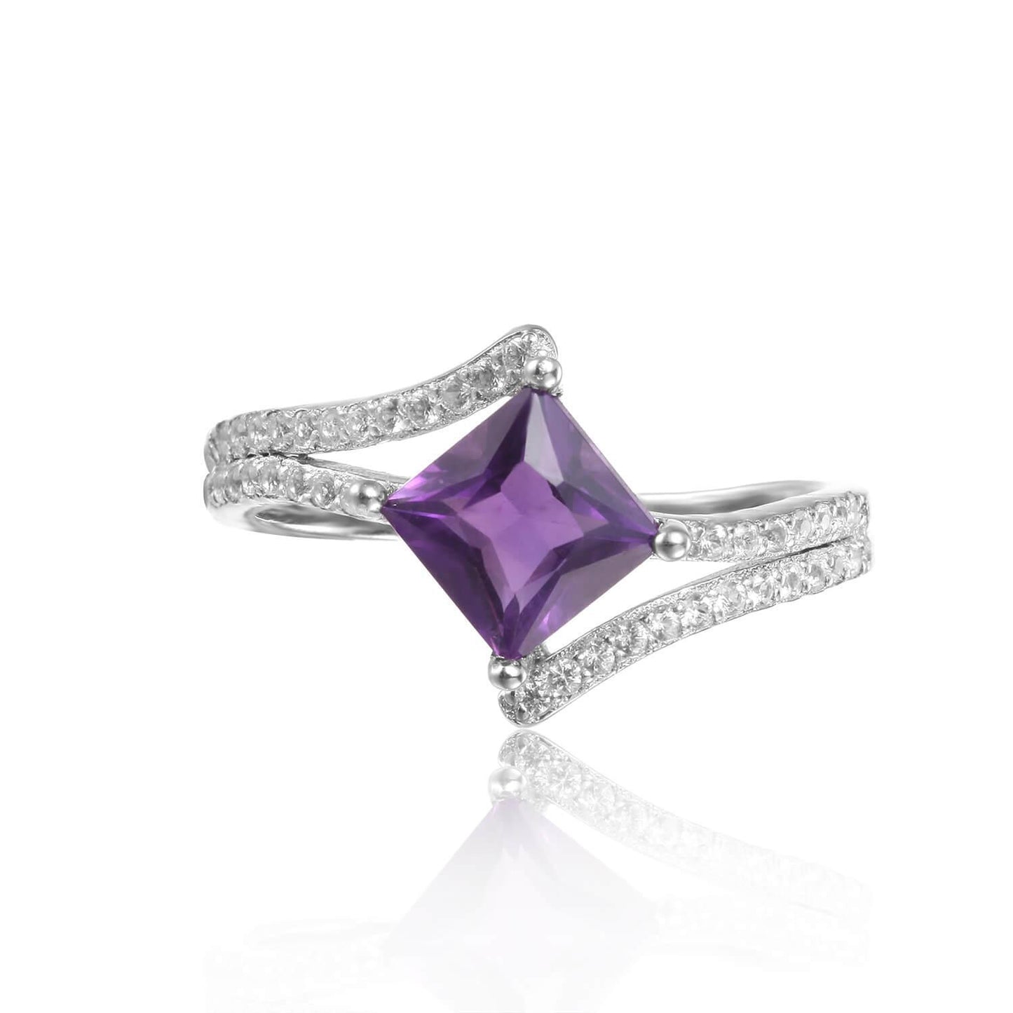 1.08 Ct Square Purple Amethyst and Mossanite Prong Silver Solitaire Princess cut Ring