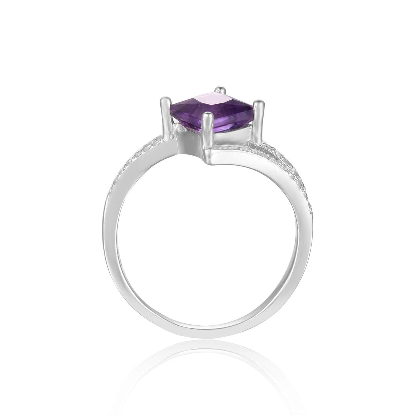 1.08 Ct Square Purple Amethyst and Mossanite Prong Silver Solitaire Princess cut Ring