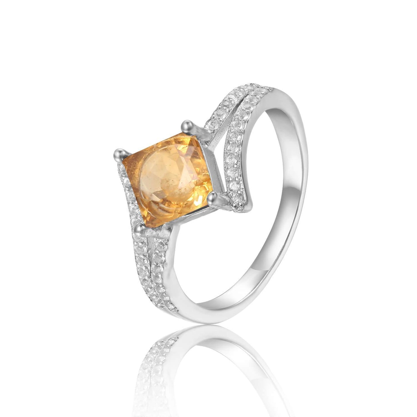 1.08 Ct Square Yellow Citrine and White Sapphire Prong Silver Star Solitaire Ring