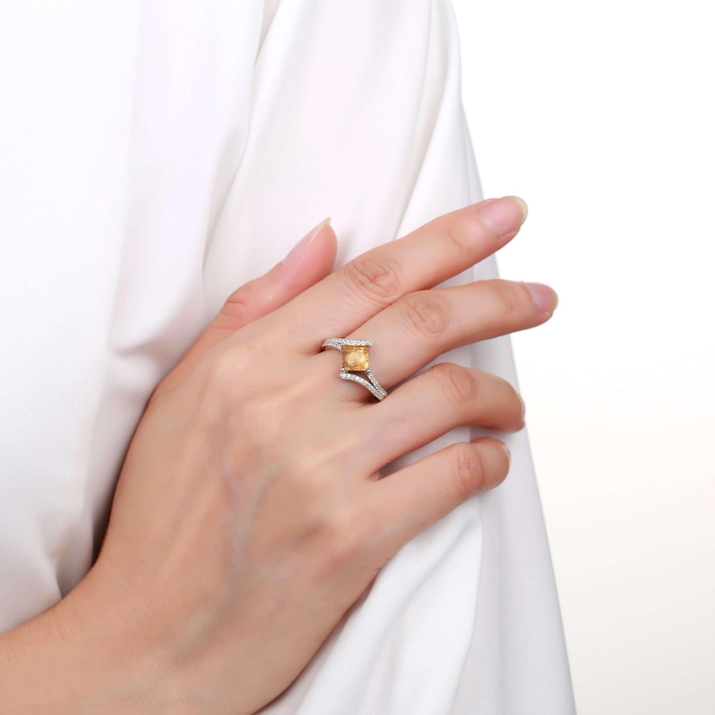1.08 Ct Square Yellow Citrine and White Sapphire Prong Silver Star Solitaire Ring
