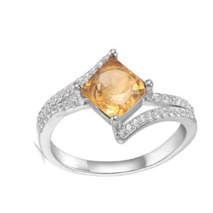 1.08 Ct Square Yellow Citrine and White Sapphire Prong Silver Star Solitaire Ring