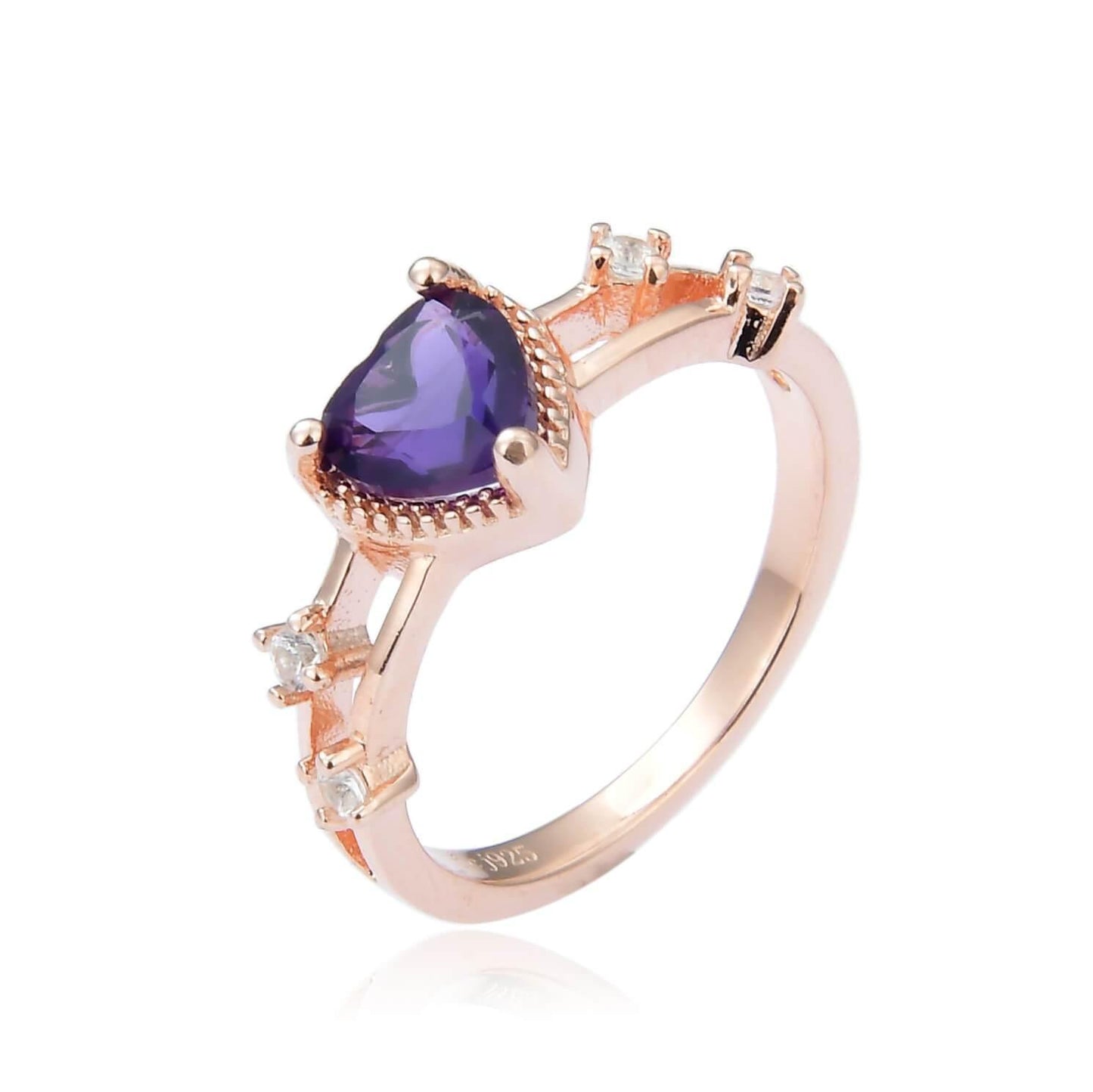 0.98 Ct Heart Purple Amethyst and White Sapphire Prong Silver Split Band Heart Ring