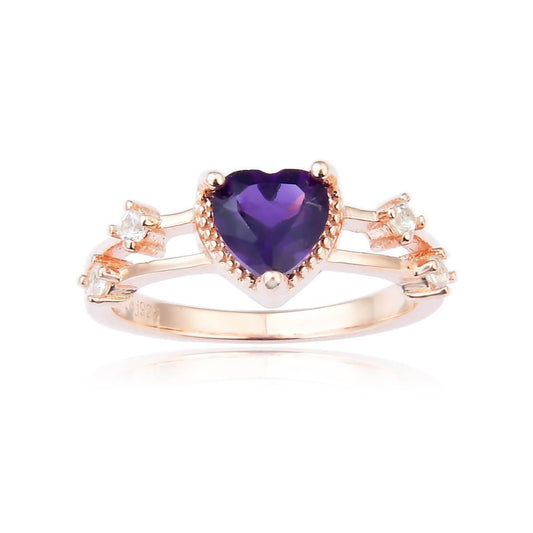 0.98 Ct Heart Purple Amethyst and White Sapphire Prong Silver Split Band Heart Ring