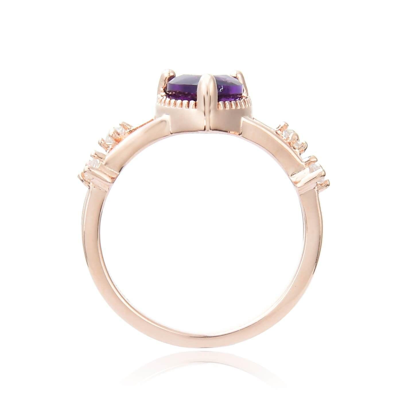 0.98 Ct Heart Purple Amethyst and White Sapphire Prong Silver Split Band Heart Ring