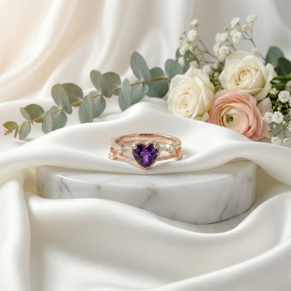 0.98 Ct Heart Purple Amethyst and White Sapphire Prong Silver Split Band Heart Ring