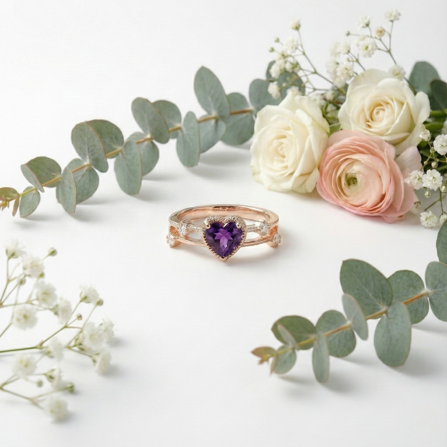 0.98 Ct Heart Purple Amethyst and White Sapphire Prong Silver Split Band Heart Ring