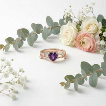 0.98 Ct Heart Purple Amethyst and White Sapphire Prong Silver Split Band Heart Ring