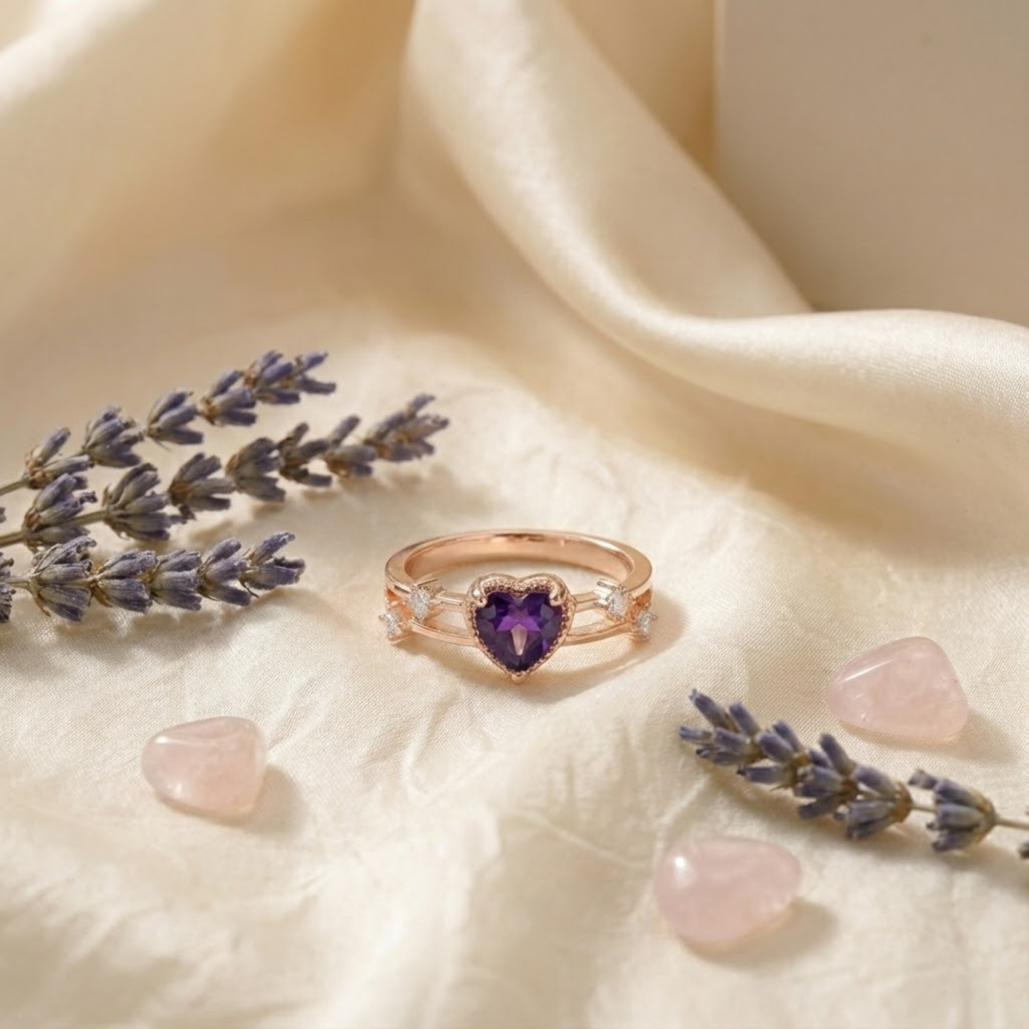 0.98 Ct Heart Purple Amethyst and White Sapphire Prong Silver Split Band Heart Ring