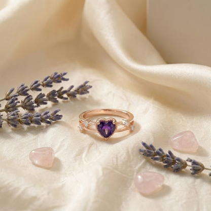 0.98 Ct Heart Purple Amethyst and White Sapphire Prong Silver Split Band Heart Ring