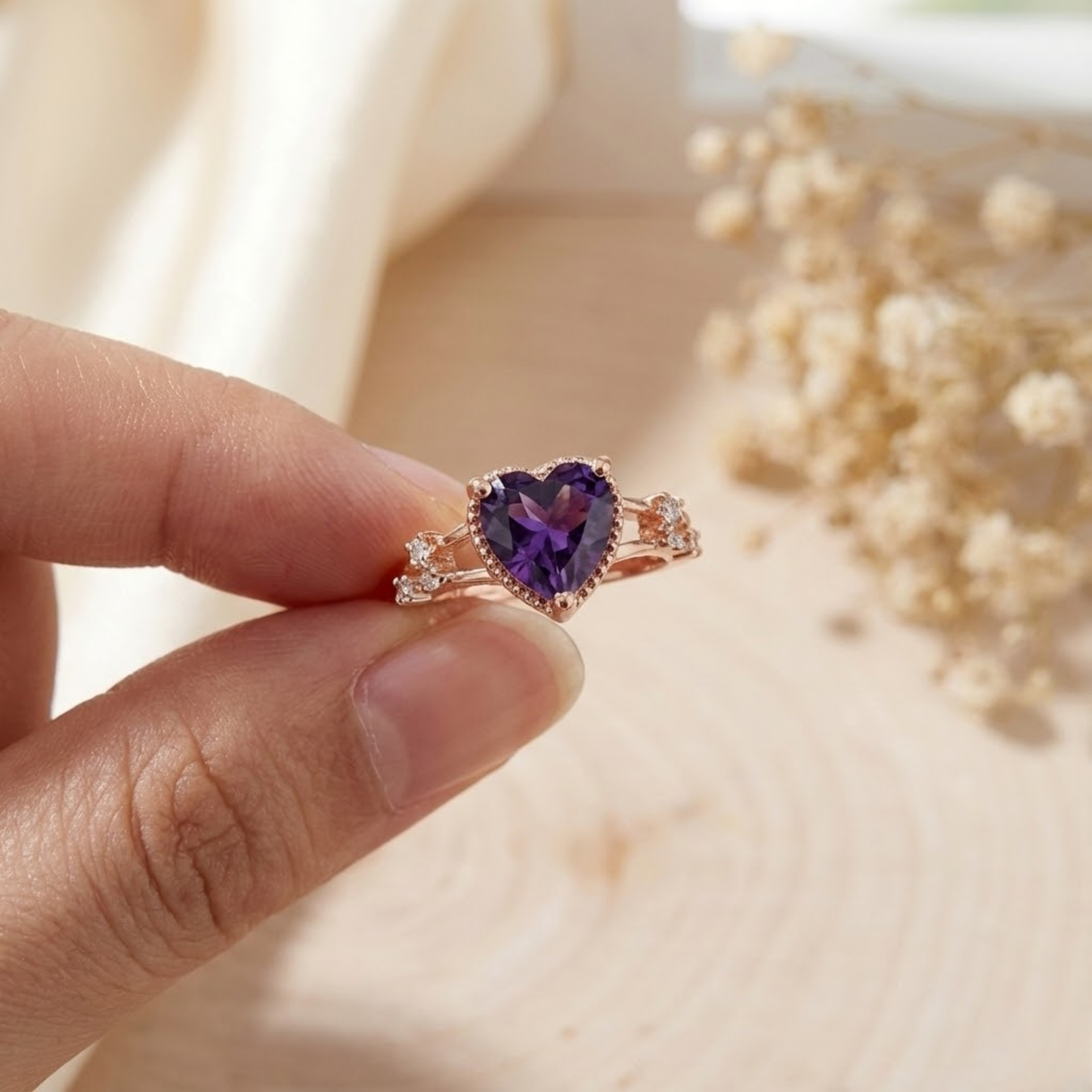 0.98 Ct Heart Purple Amethyst and White Sapphire Prong Silver Split Band Heart Ring
